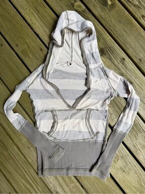 Free People Striped Knit V-Neck Hoodie Pullover Gray Cream M